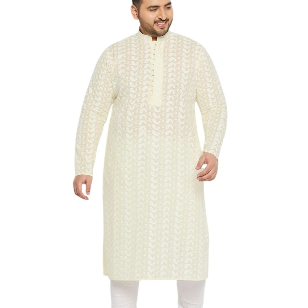 VASTRAMAY PLUS+Yellow/White Embroidered Chikankari Kurta